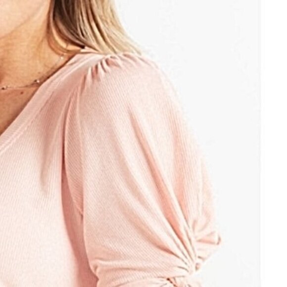 Evereve Top Stevie Twist Sleeve Ribbed Pastel Pink Peach Stretchy Scoop Neck XS - Picture 6 of 14